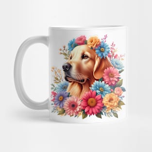 A golden retriever with beautiful colorful flowers Mug